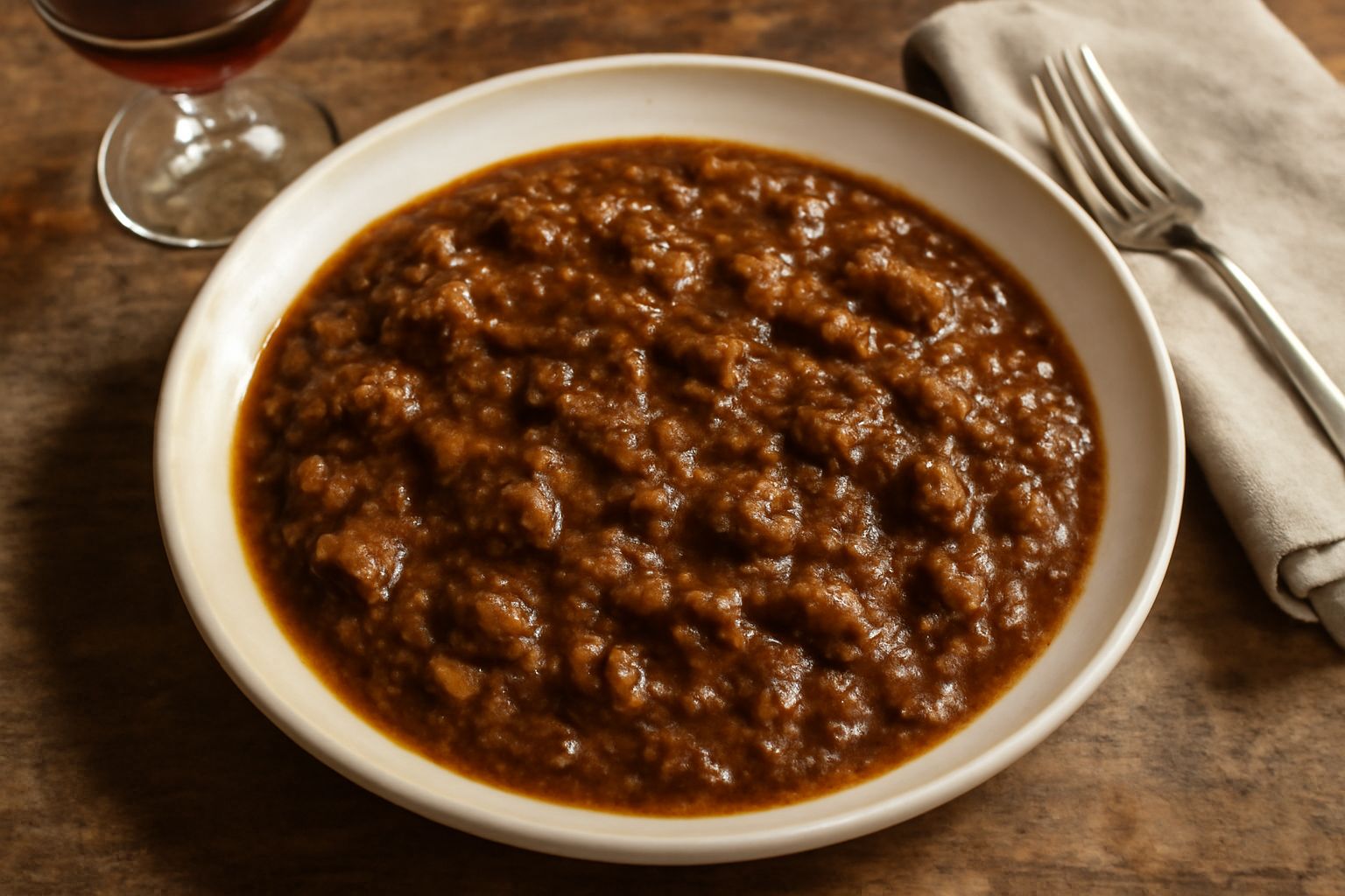 Ragù umbro spesso e marrone scuro con pezzi di carne visibili, servito su un piatto bianco con pappardelle fresche di pasta all'uovo, guarnito con parmigiano grattugiato e una foglia di basilico