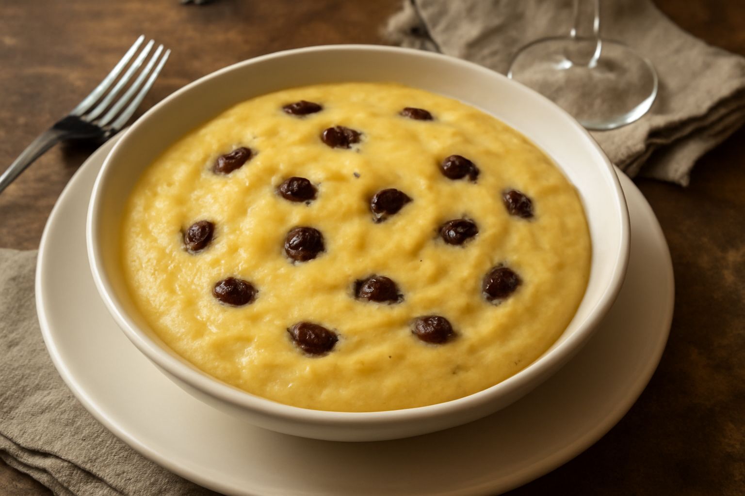 Ciotola di Ramandolo cremoso giallo-dorato con uvetta scura disseminata in superficie, servito in tazza di porcellana bianca con cucchiaio di legno