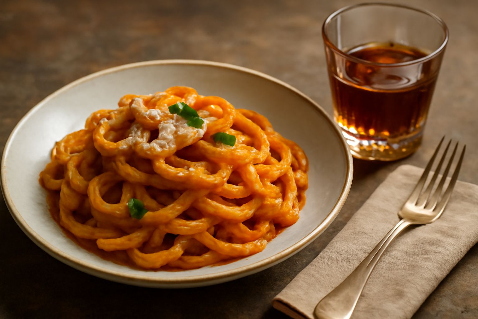 Bicchiere di cristallo con liquore ambrato Ramazzotti circondato da spezie, anice stellato, buccia di arancia essiccata e erbe aromatiche su superficie di legno scuro