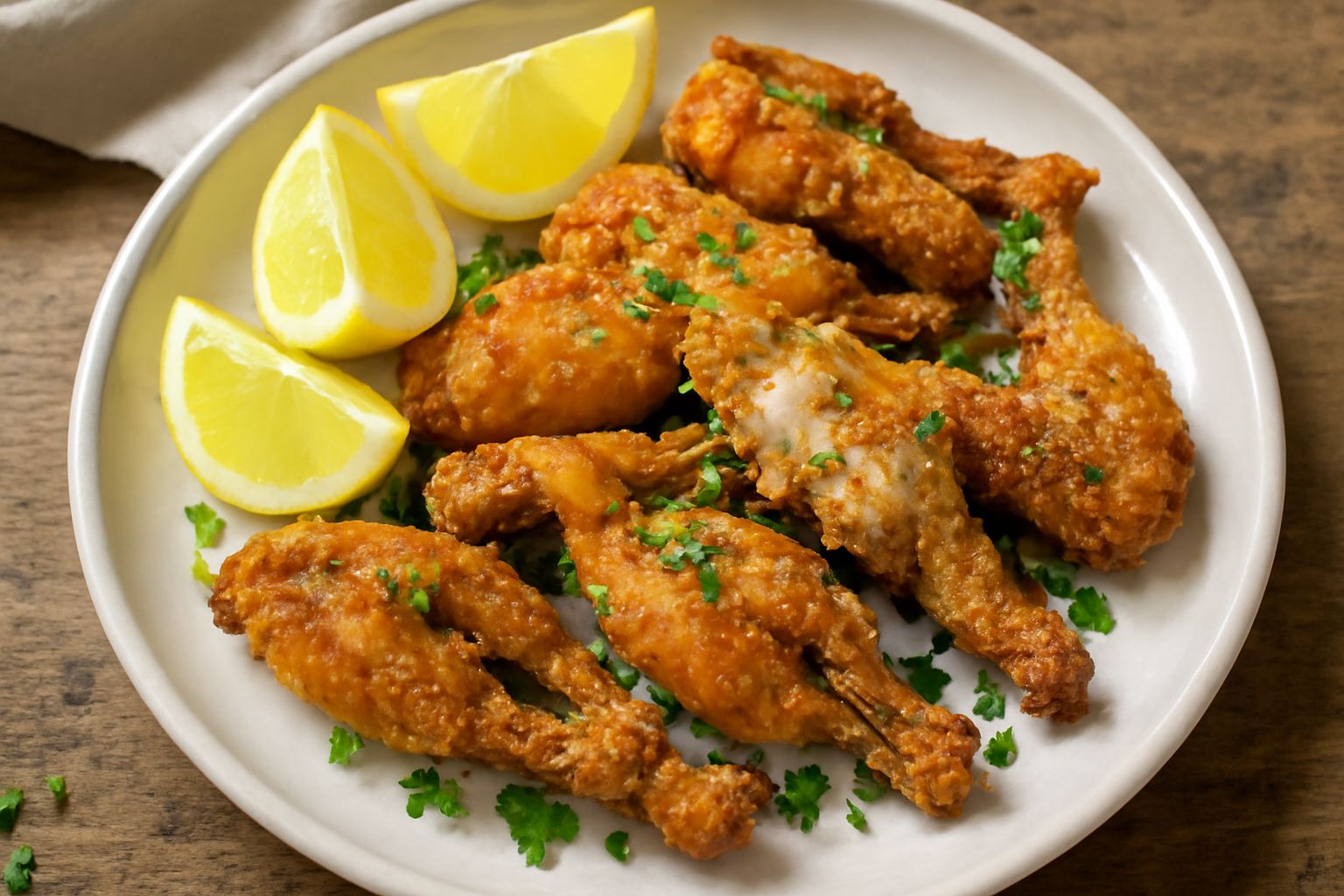 Zampe di rana fritte dorate e croccanti in un piatto bianco, guarnite con limone fresco e prezzemolo, olio brillante sulla superficie