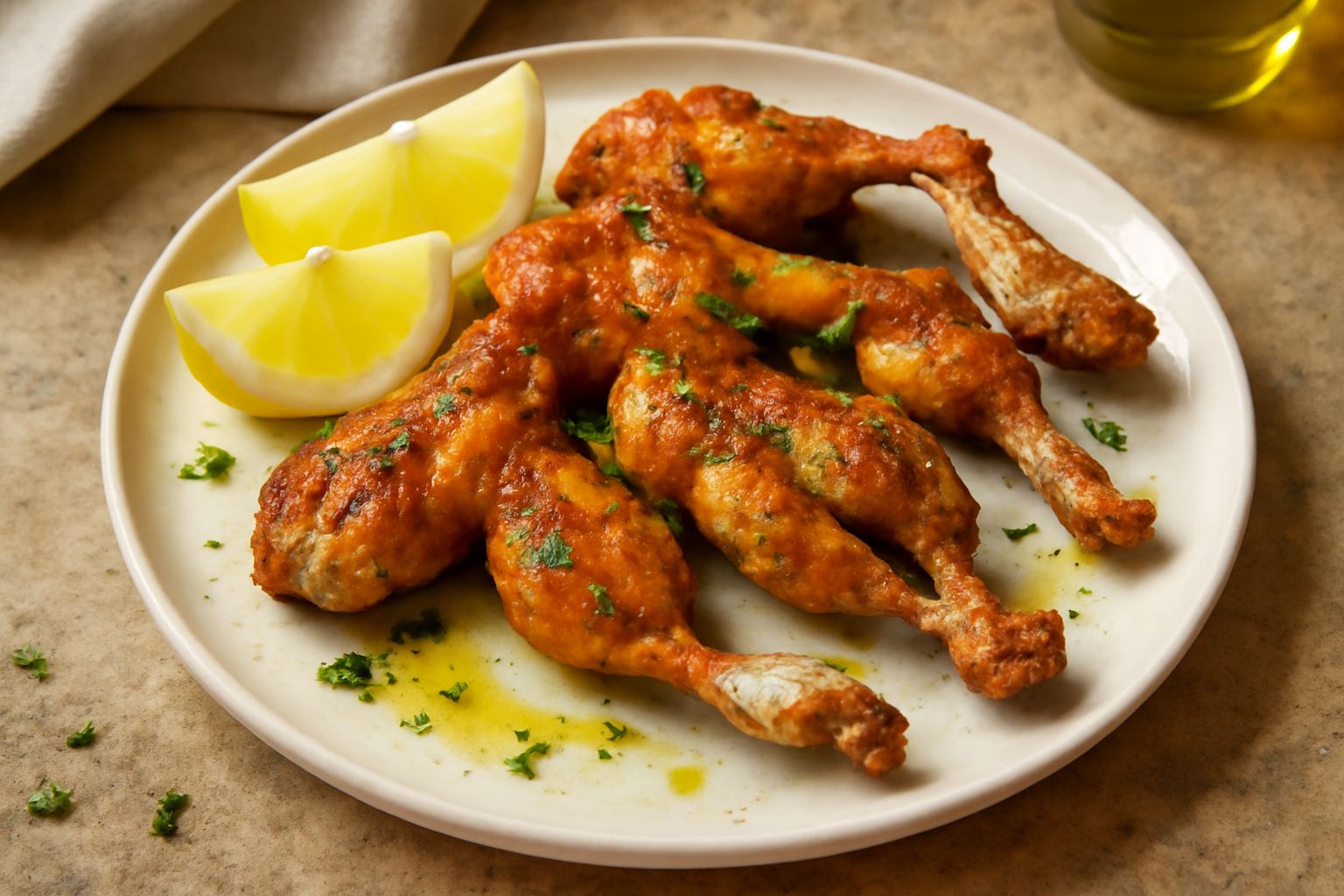 Cosce di rana fritte dorate e croccanti, impilate in una ciotola bianca, con una guarnizione di limone a spicchi e prezzemolo fresco tritato, su un piatto da portata