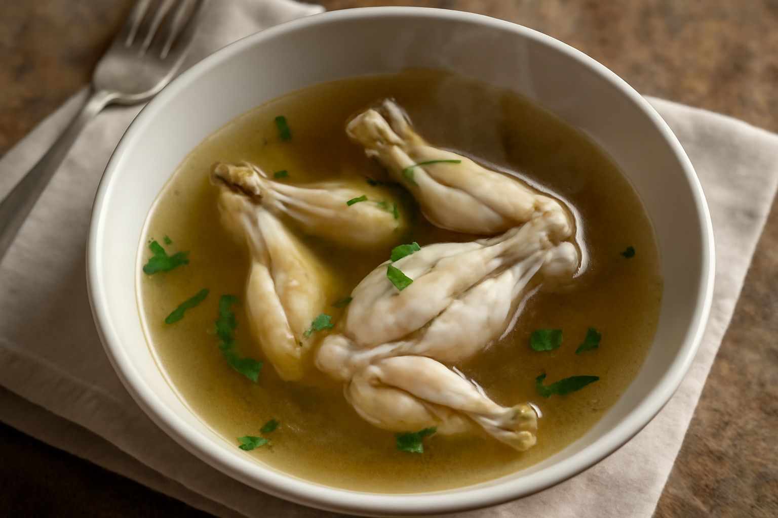 Ciotola bianca di porcellana con rana cotta nel brodo trasparente, erbe fresche di prezzemolo sulla superficie, brodo leggero e dorato, cucchiaio accanto