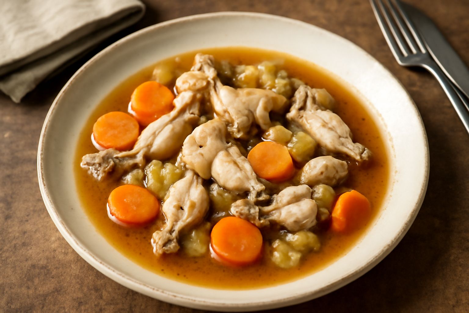 Rana in umido in tegame di terracotta con brodo fumante, carote gialle tagliate grossolane, sedano bianco e prezzemolo fresco. Colore marrone dorato del brodo, carne bianca e tenera visibile nelle ran