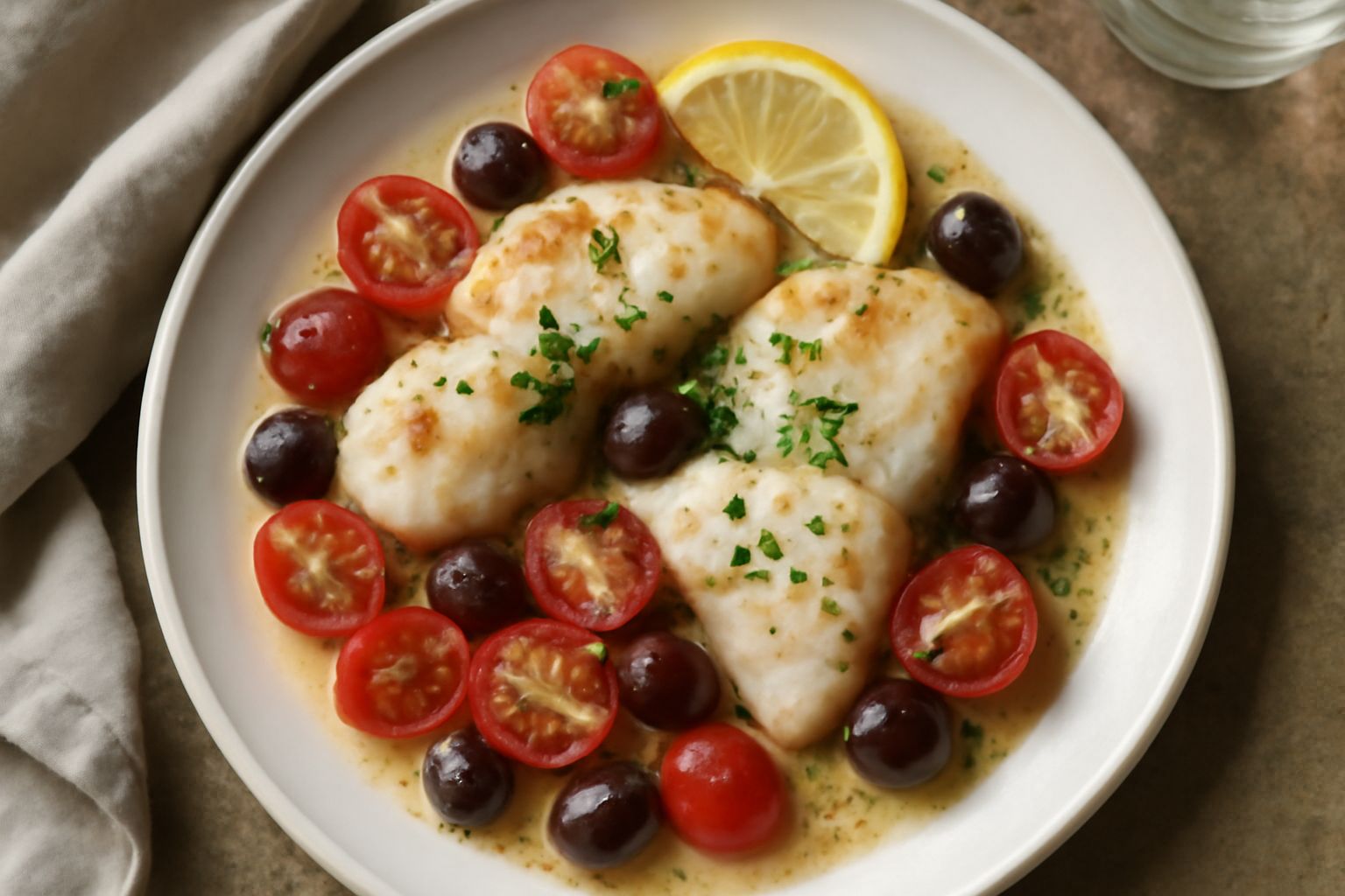 Filetti di rana pescatrice dorati in padella con pomodorini rossi dimezzati e olive nere, guarniti con prezzemolo fresco e una fetta di limone giallo