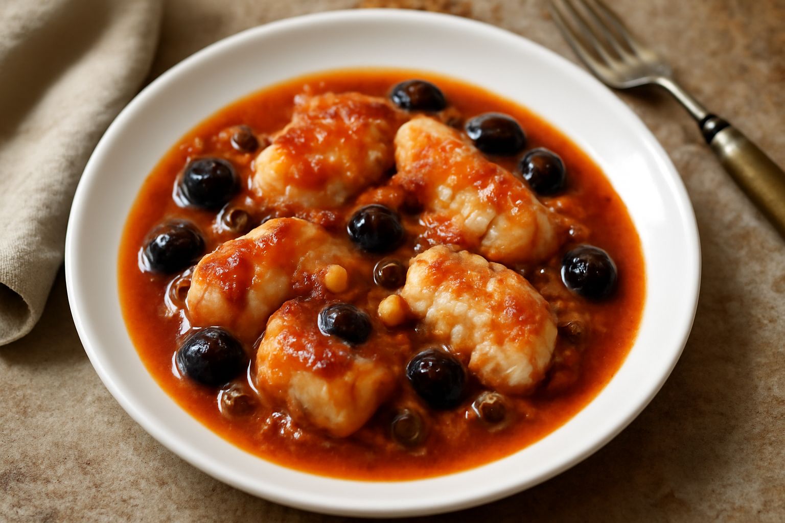 Rana pescatrice in umido in bianco piatto fondo: pezzi di pesce bianco e tenero circondati da salsa di pomodoro rossastra con olive nere, abbelliti da prezzemolo verde fresco. Contorno di pane tostato