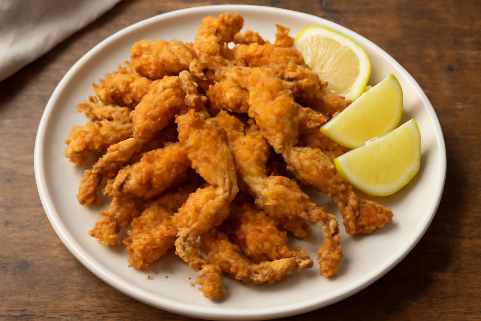 Rane fritte dorate e croccanti disposte su un piatto bianco con fettine di limone fresco, prezzemolo verde e contorno di insalata mista appena servite