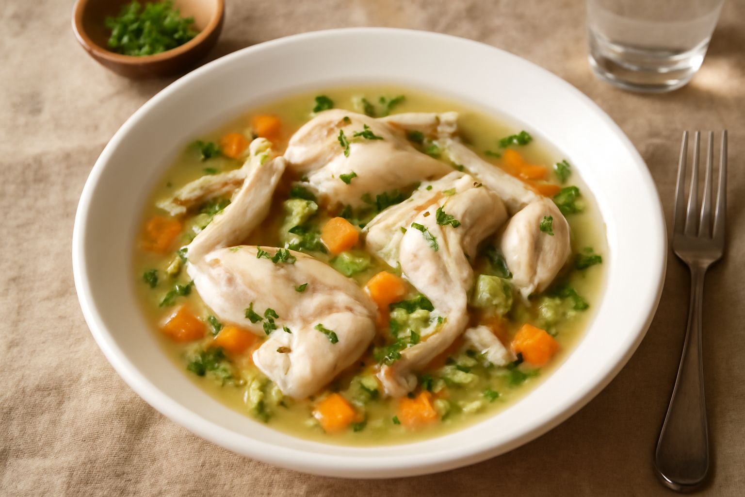 Rane cotte in brodo in una ciotola bianca, circondate da pezzetti di sedano, carota e prezzemolo verde, brodo trasparente e caldo