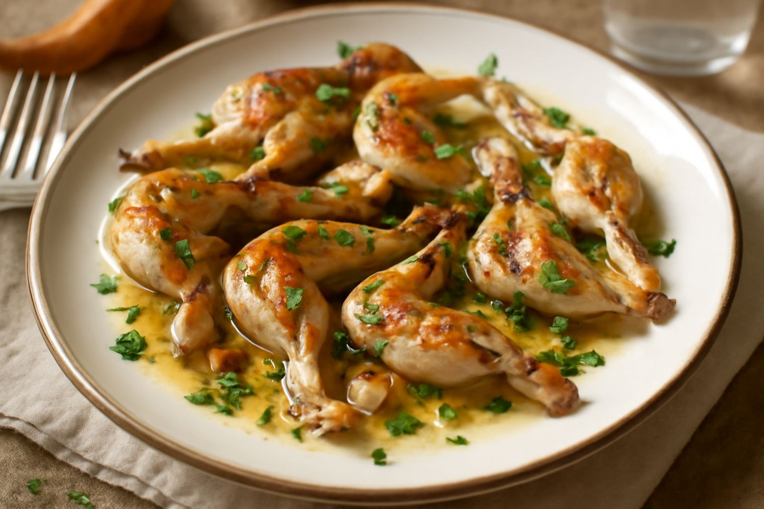 Rane dorate in padella con aglio e prezzemolo fresco, gambe croccanti e carne bianca visibile, contorno di limone sul bordo del piatto
