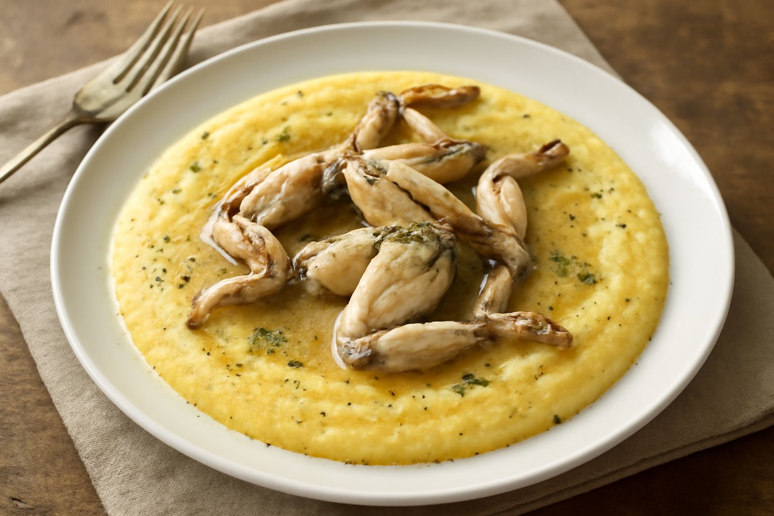 Piatto bianco con polenta cremosa gialla al centro, due rane intere riposte sopra con salsa marrone chiaro, contornate da prezzemolo verde fresco e un cucchiaio ai lati