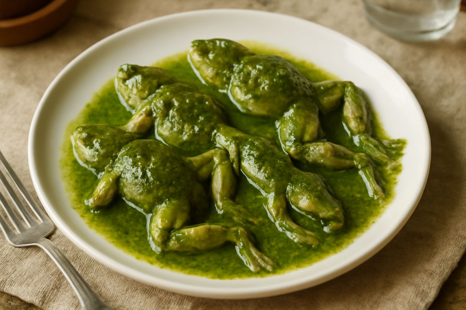 Piatto di ceramica bianca con rane intere in salsa verde densa e brillante, prezzemolo fresco visibile, contorno di pane tostato, tavolo di legno rustico con tovaglia bianca