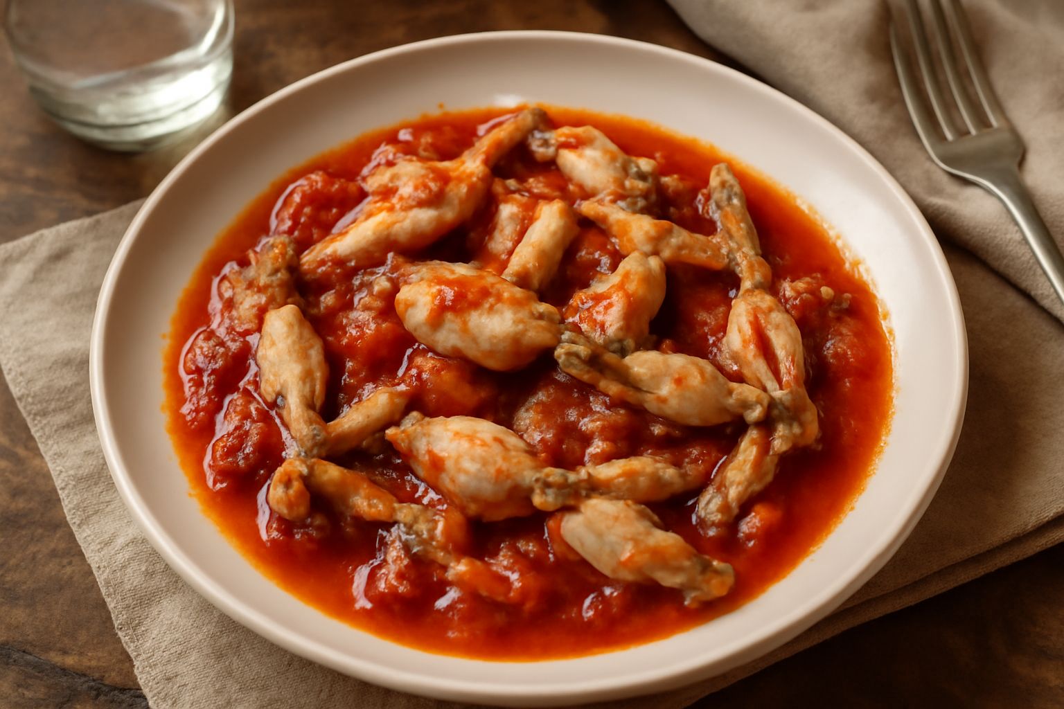 Rane in umido in pentola di terracotta: pezzi di carne bianca e tenera immersi in sugo rosso con pomodori e erbe aromatiche, guarniti con prezzemolo fresco