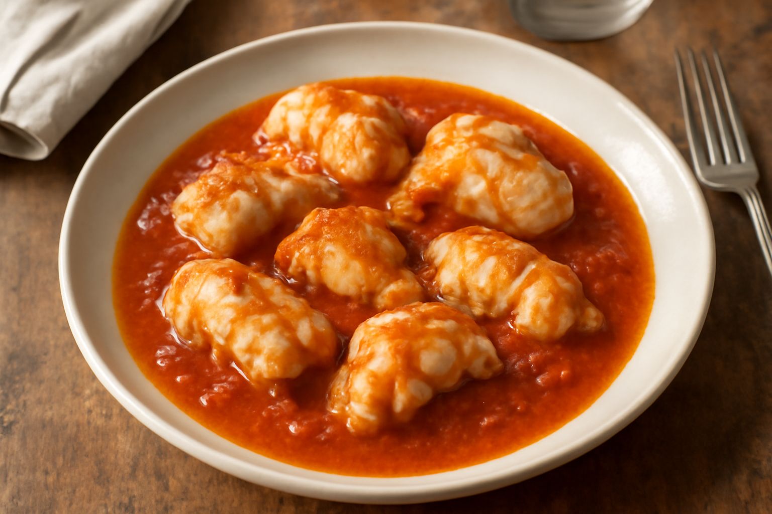 Rane pescatrici in umido in piatto bianco fondo con salsa pomodoro densa e vino, contornate da salvia e rosmarino, su tavolo grigio con pane di accompagnamento