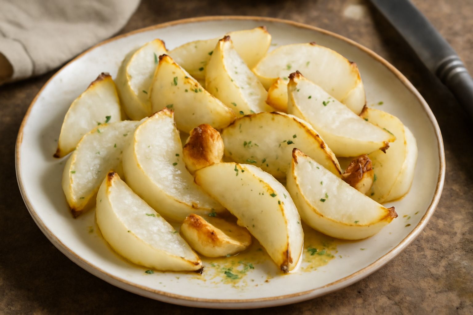 Rapa bianca tagliata a spicchi, dorata ai bordi e leggermente caramellata, disposta in una teglia da forno con gocce di olio d'oliva e aglio spellato