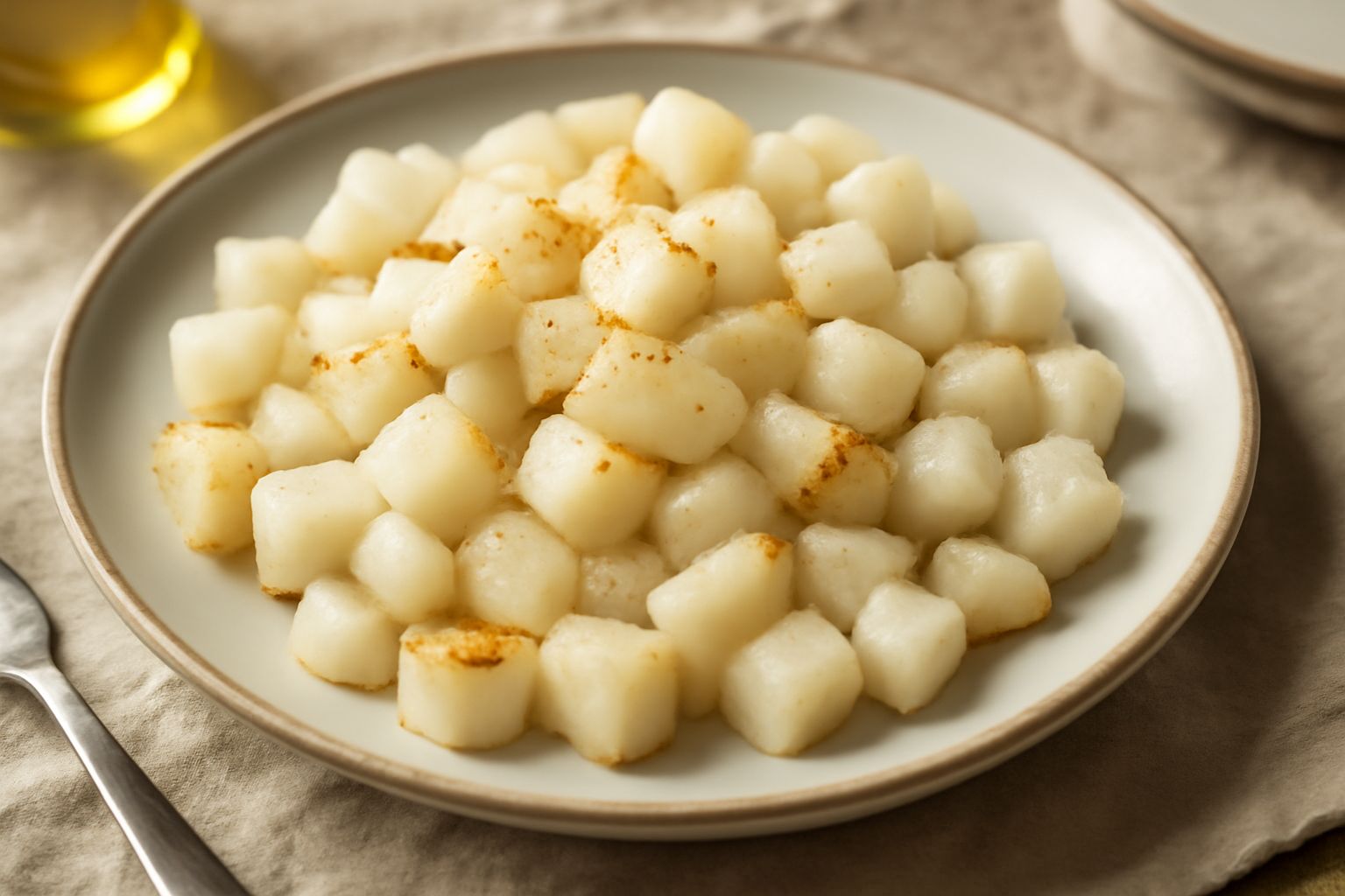 Rapa bianca a dadini dorati e leggermente caramellati in una padella antiaderente, con spicchi d'aglio, gocce d'olio verde e pepe nero, servita in un piatto bianco