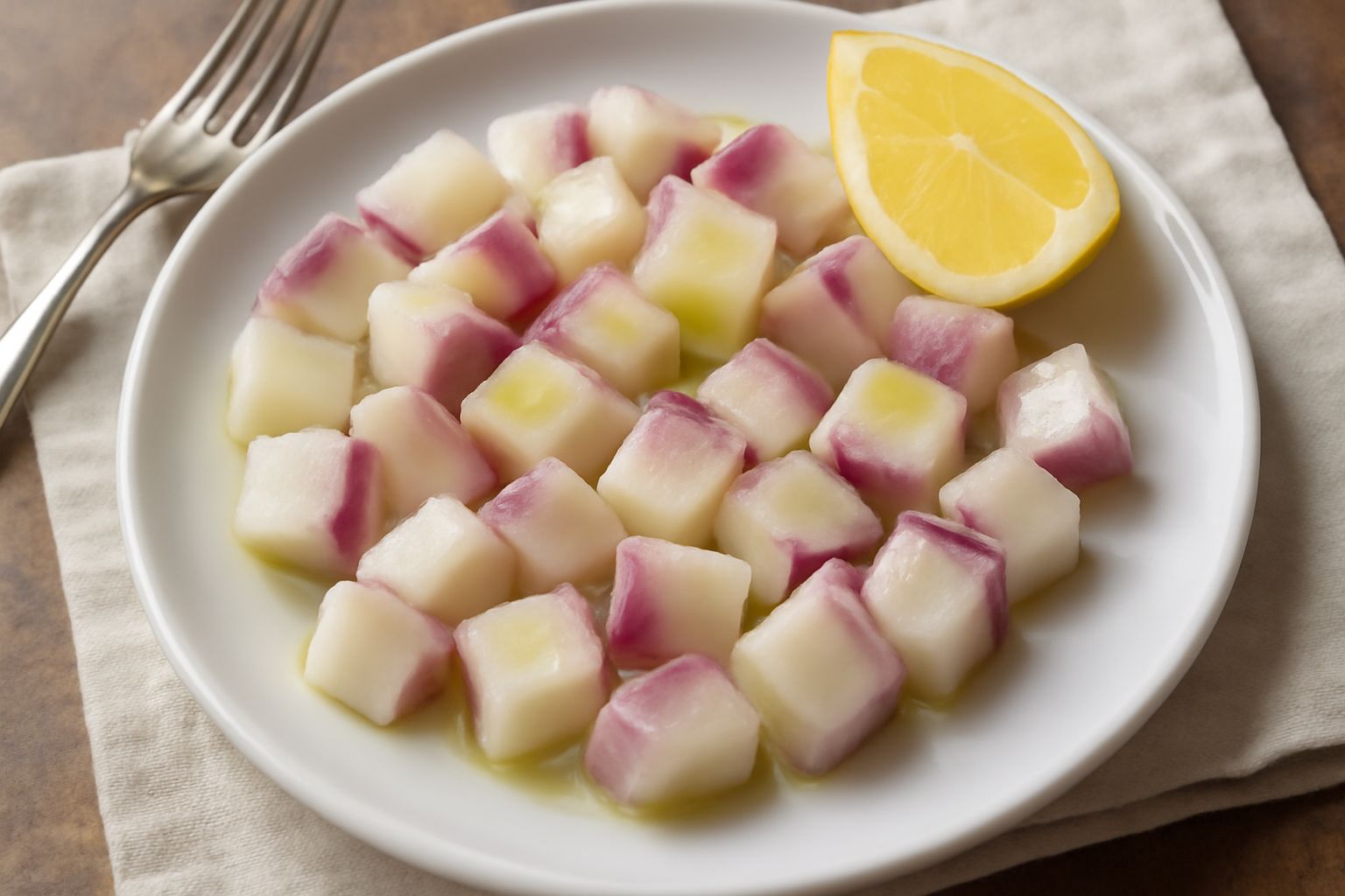Rapa bianca e violetta tagliata a pezzi medi, cotta e fredda, condita con olio extravergine, accompagnata da limone fresco e un filo di sale grosso in un piatto bianco