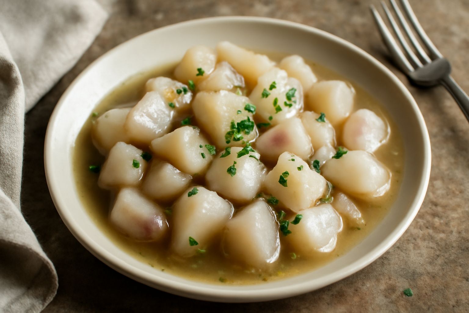 Rapette tagliate a quarti in umido in una pentola di coccio, colore bianco e violaceo, in un liquido trasparente fumante, con cipolla dorata sparsa in superficie