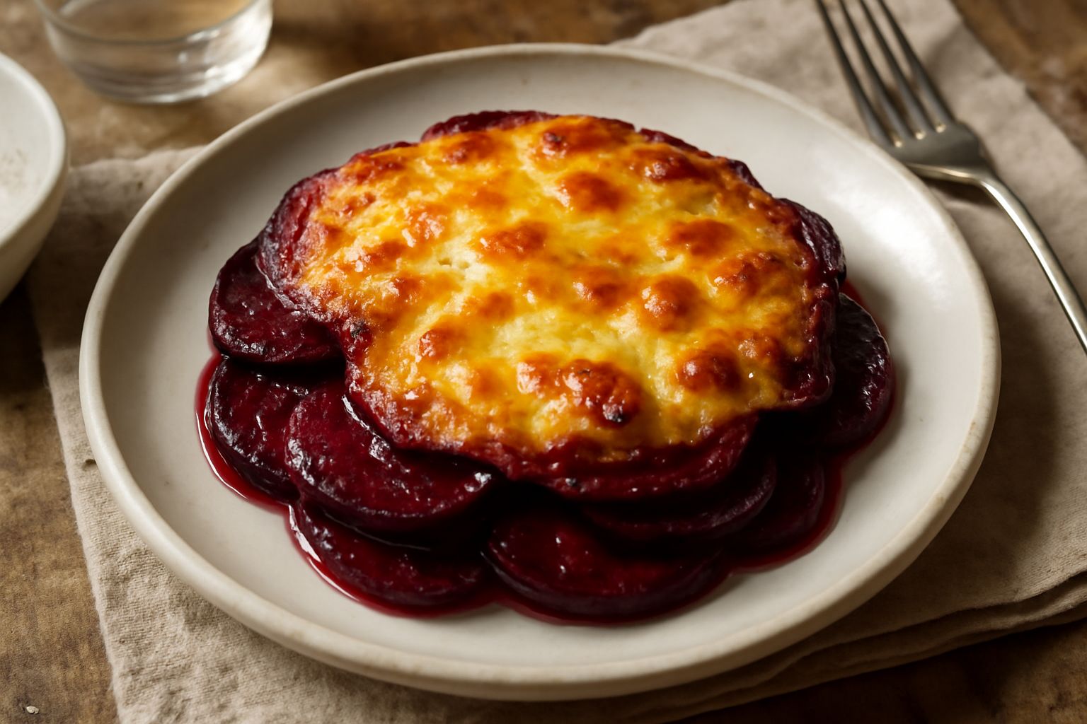 Una porzione di rapa rossa gratinata in un piatto bianco, con superficie dorata e croccante, interno di colore rosso scuro, guarnita con formaggio fuso e pangrattato tostato