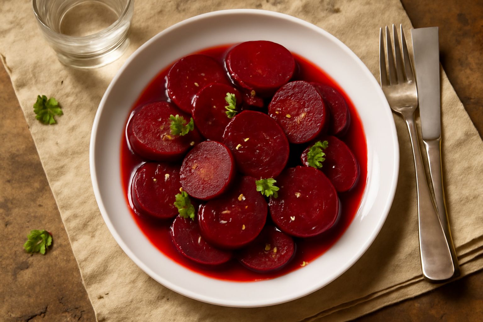Vasetto di vetro con rape rosse tagliate a fette sottili, liquido trasparente tendente al rosato, spezie visibili fra i pezzi di rapa, sfondo bianco