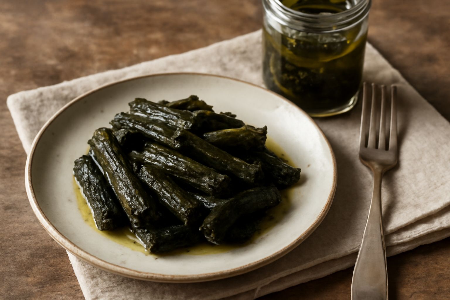 Barattolo di vetro trasparente riempito di bastoncini di rapa verde scuro immersi in olio trasparente, con visibili chicchi di pepe nero e spicchi di aglio, etichetta bianca arrotolata intorno al coll