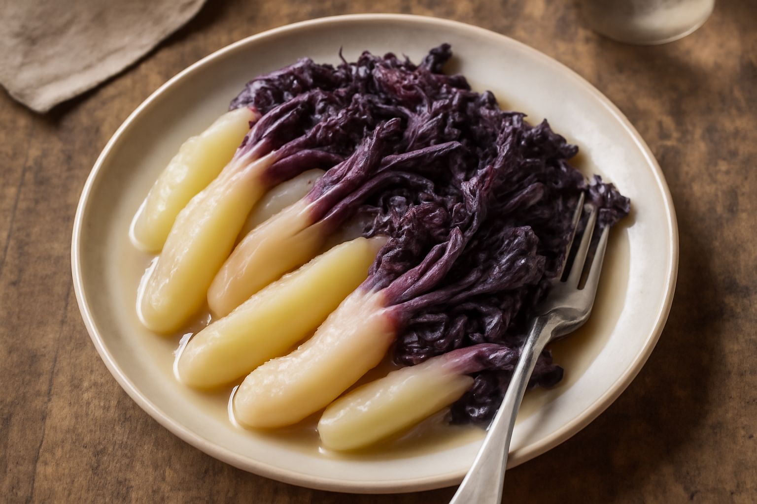 Rape cotte tagliate a metà, di colore bianco e viola, adagiate in un piatto di ceramica bianca con qualche goccia di olio d'oliva e una spolverata di sale grosso