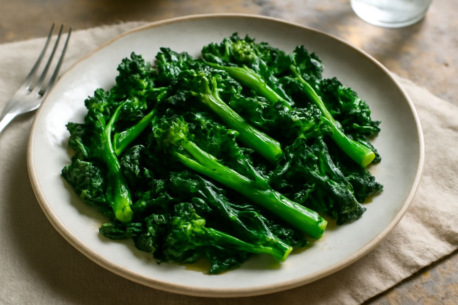 Rape tagliate a striscioline color verde scuro in una padella di ferro con aglio sminuzzato, olio brillante in superficie, contorno di pane tostato e limone in spicchi