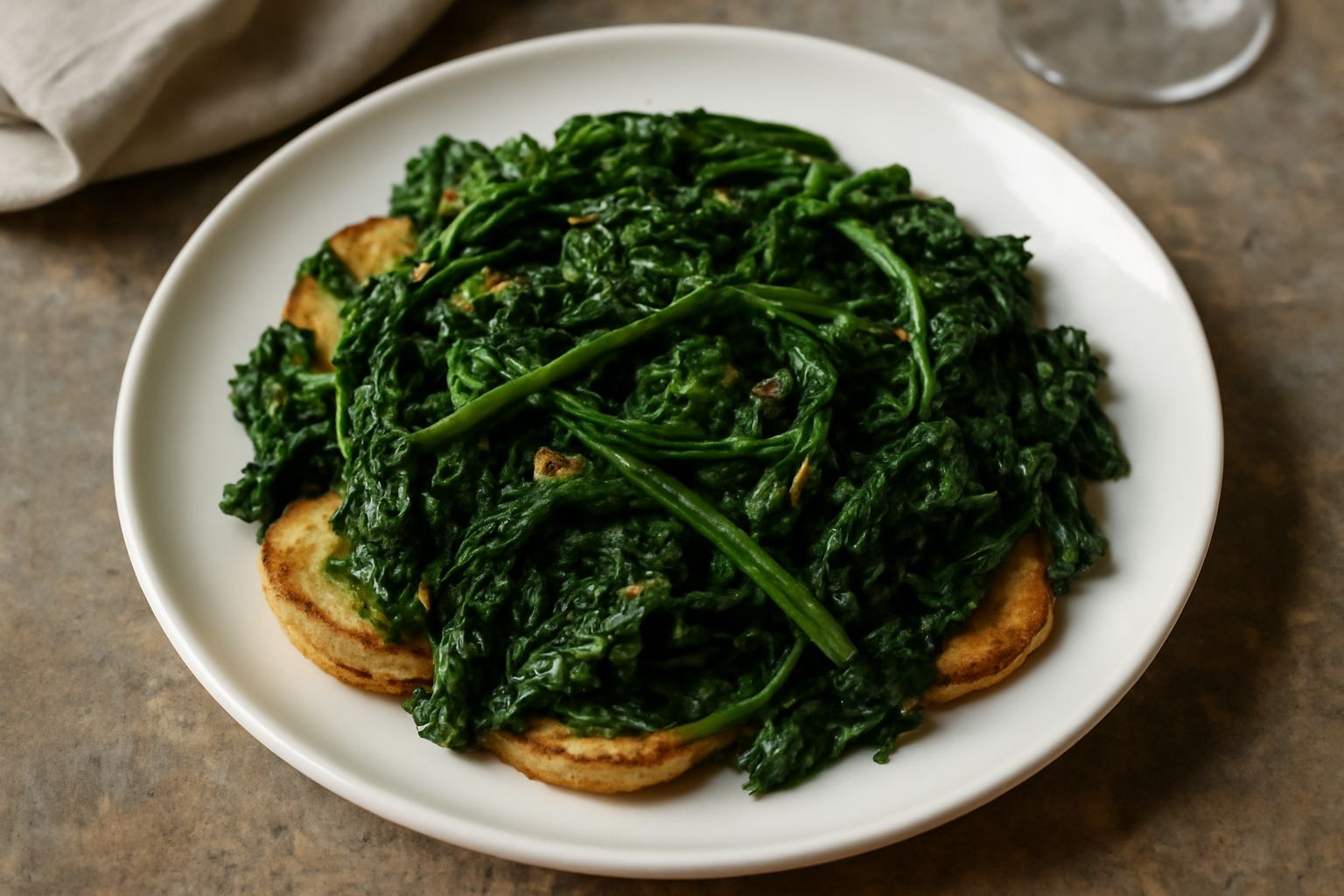 Rape ripassate in padella, verdi scuro con bordi leggermente dorati, pezzetti uniformi, olio lucido in superficie, aglio e peperoncino rosso visibili tra le verdure