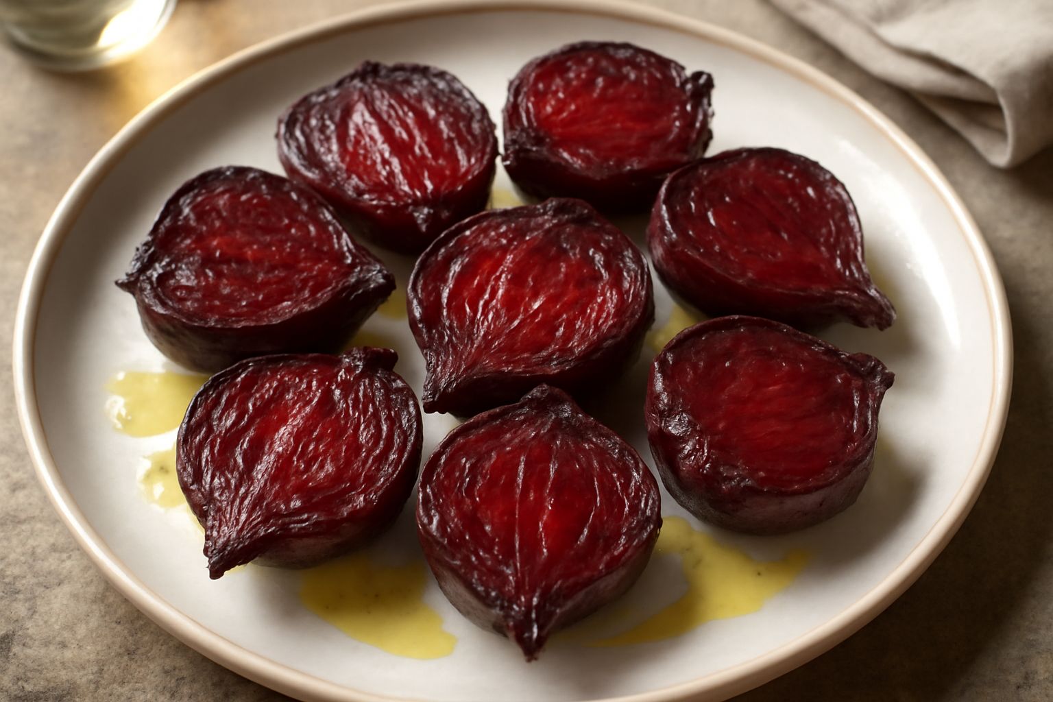 Rape rosse tagliate a metà e arrostite al forno, superficie caramellata e lucida, colore rosso scuro uniforme, servite in piatto bianco con gocce di olio extravergine.