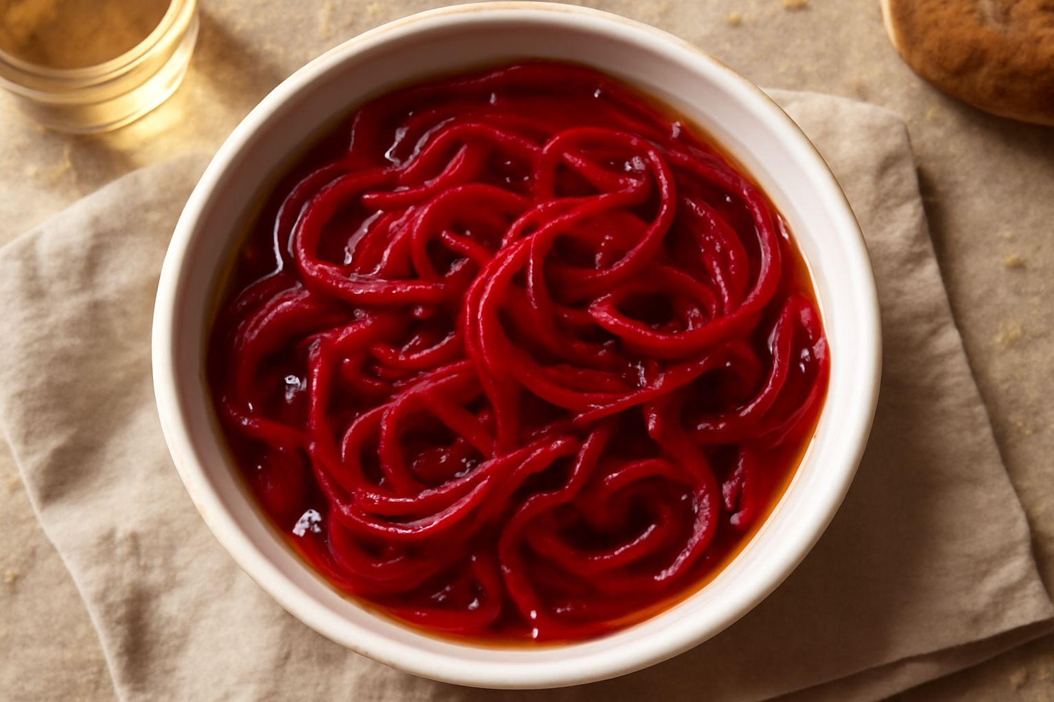 Rape rosse tagliate a julienne in una ciotola bianca, coperte di liquido trasparente agrodolce con accenni di spezie, guarnite con grani di sesamo bianco e qualche filo di pepe nero