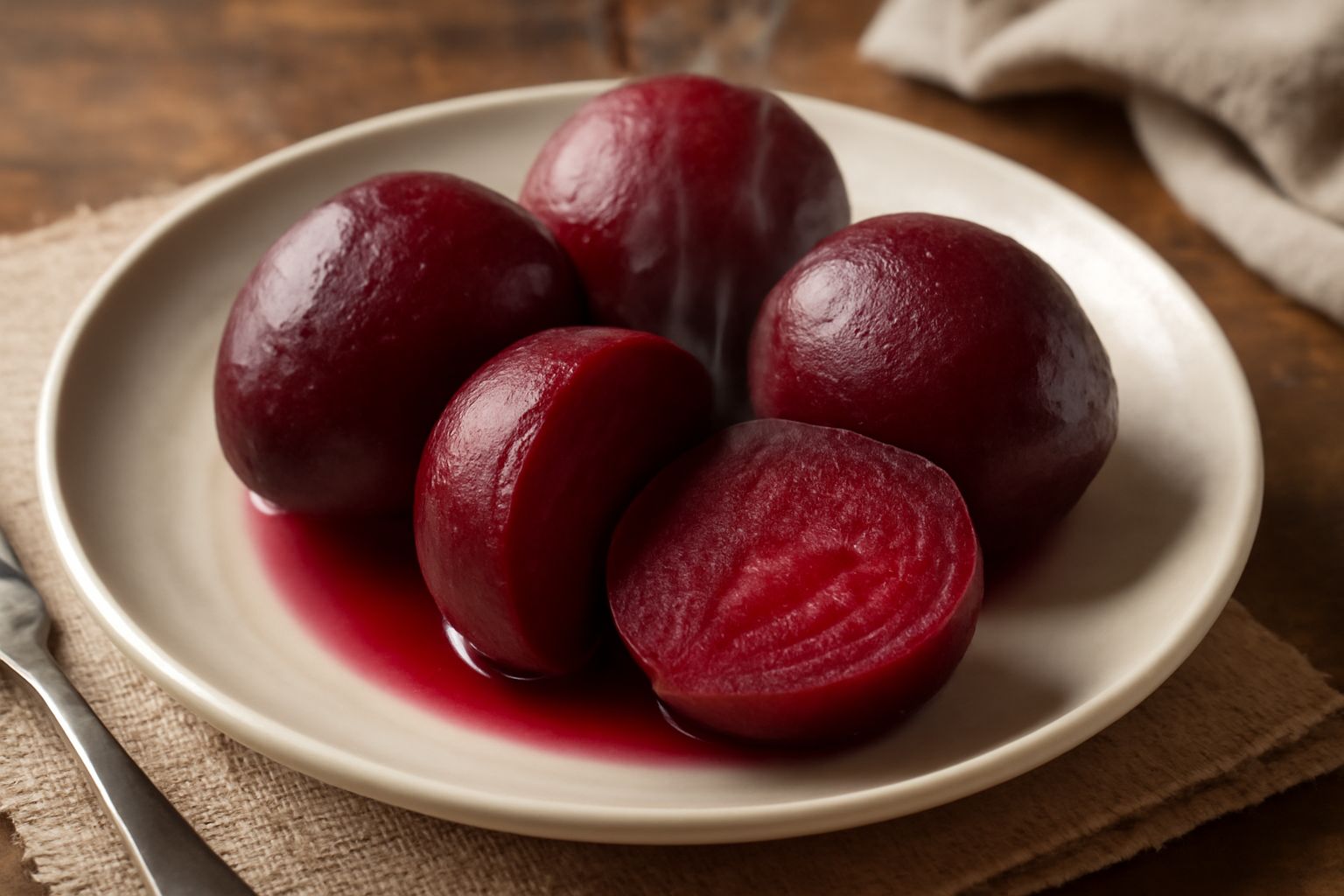 Rape rosse lessate tagliate a metà, di colore rosso intenso, disposte in un piatto bianco con olio d'oliva lucido in superficie e qualche goccia d'aceto balsamico