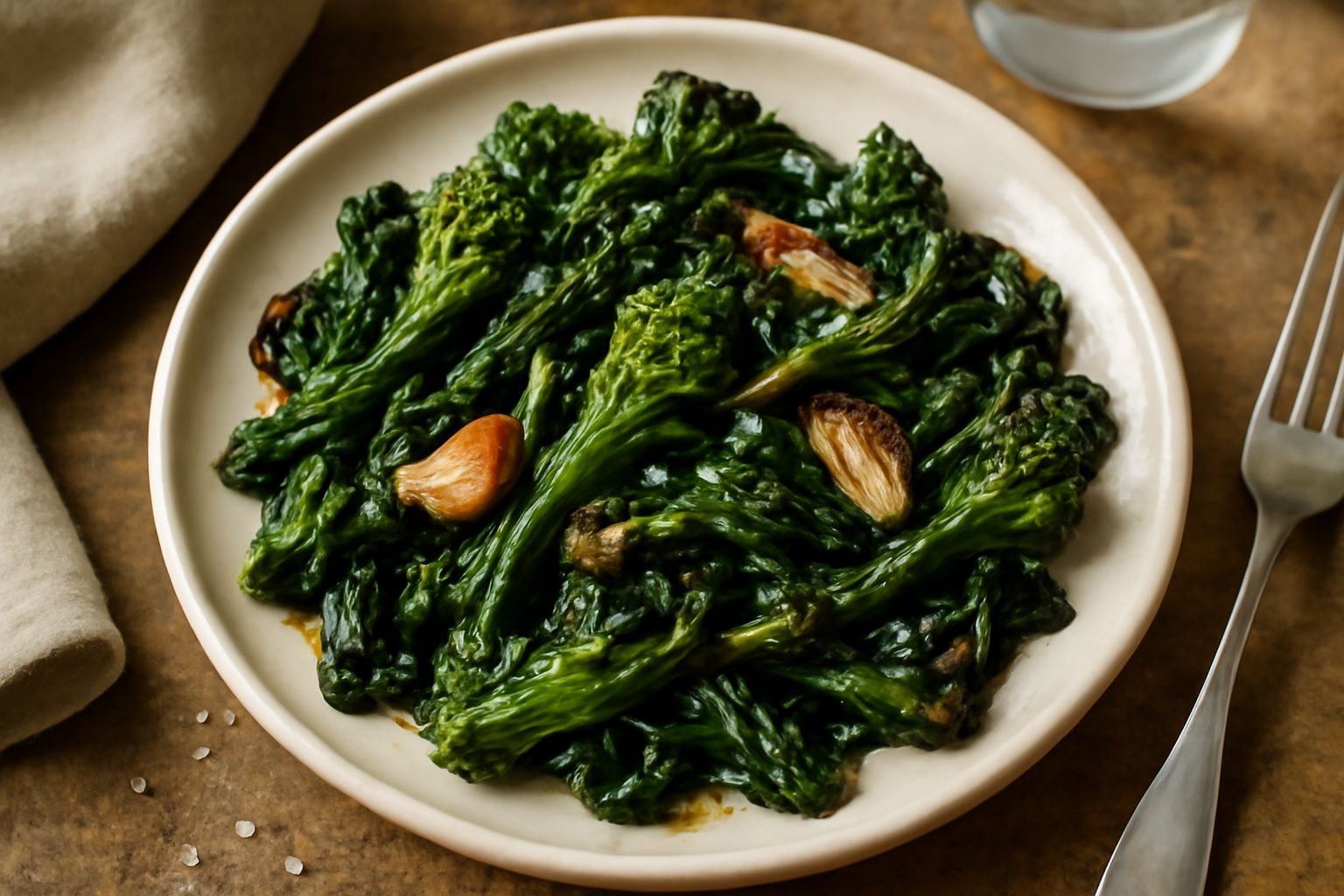 Rape saltate di colore verde scuro e giallo paglierino in una padella di ferro, con spicchi d'aglio dorato, olio lucente in superficie, servite su un piatto bianco.