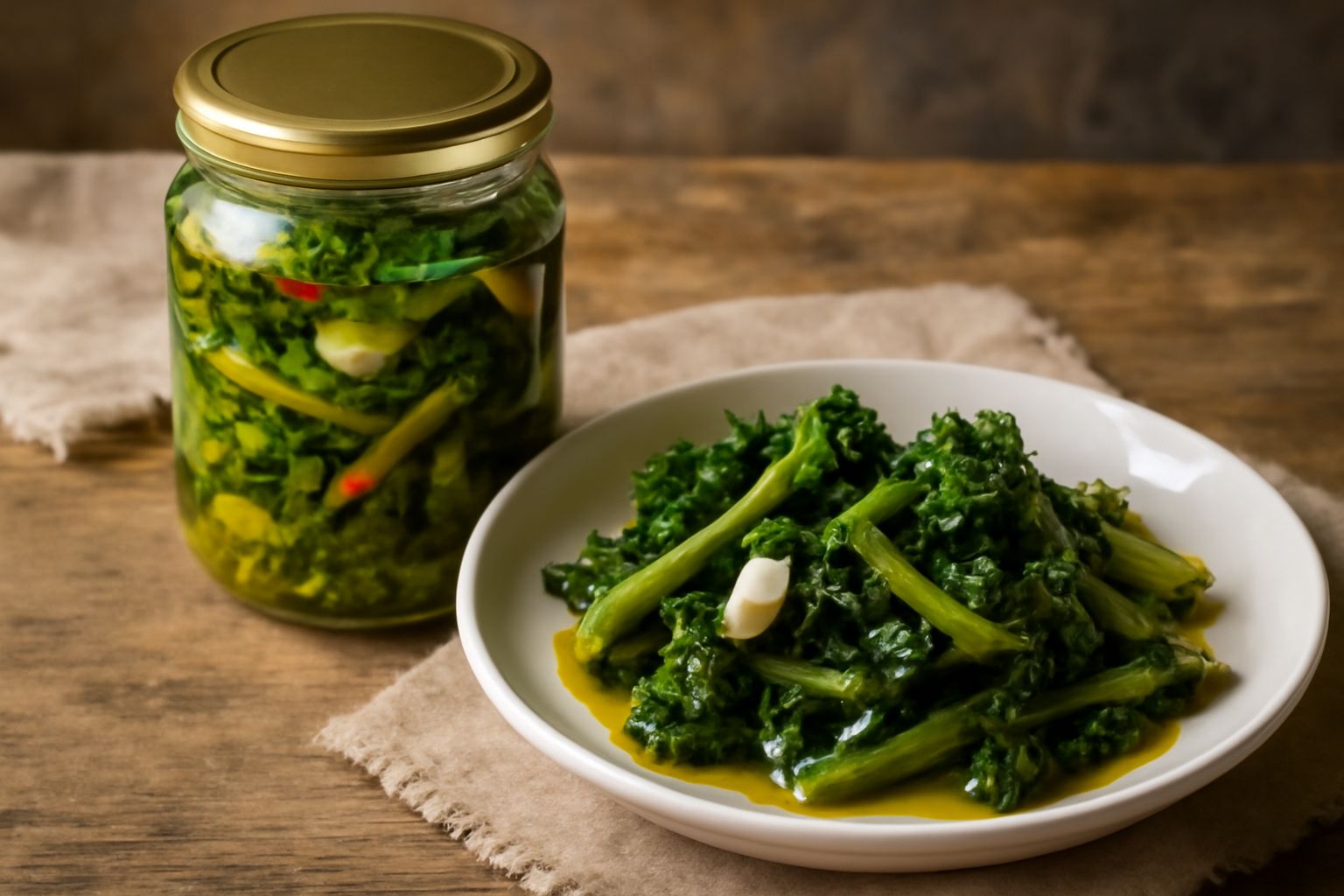 Vasetto di vetro trasparente con rape verdi tenere immerse in olio dorato, spicchi d'aglio, peperoncini rossi e qualche foglia di prezzemolo fresco in superficie