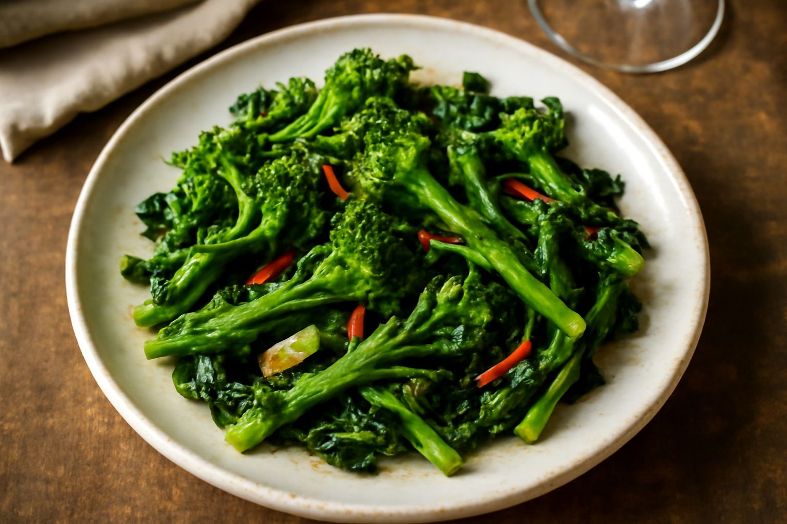 Rapini verdi e croccanti in padella, leggermente imbiondite all'aglio, con gocce d'olio che luccicano, peperoncino rosso visibile tra i germogli, servite in piatto bianco