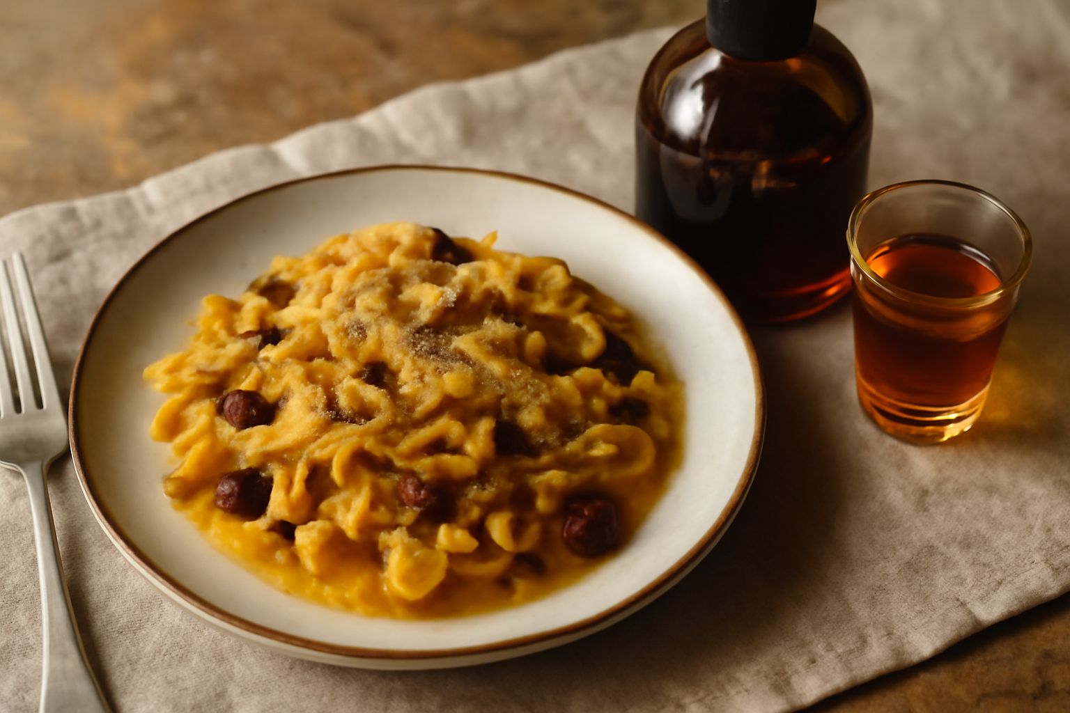 Bottiglia di vetro trasparente con liquore color ambra dorato, riempita fino al collo. All'interno si intravedono frammenti di frutta scura e foglie di menta. Accanto, un piccolo bicchiere da digestiv