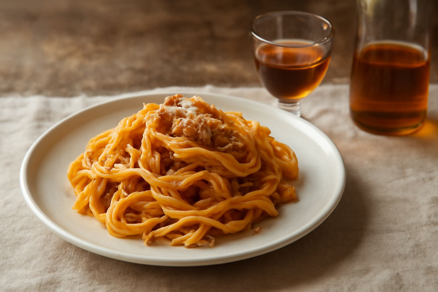 Bottiglia di vetro scuro con liquore ambrato trasparente, ratafià piemontese, su superficie di legno scuro con mandorle sgusciate e anice stellato accanto