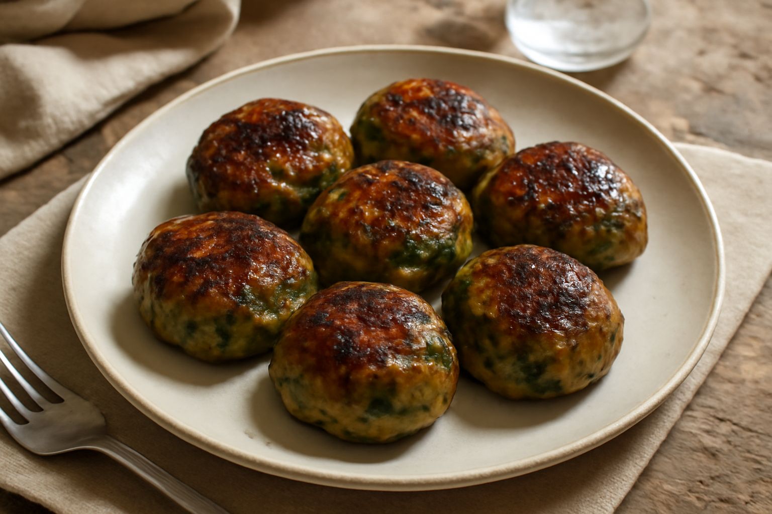 Ravaglioni dorati e croccanti ammucchiati su un piatto bianco, con gocce di olio che luccicano sulla superficie, sfondo bigio neutro