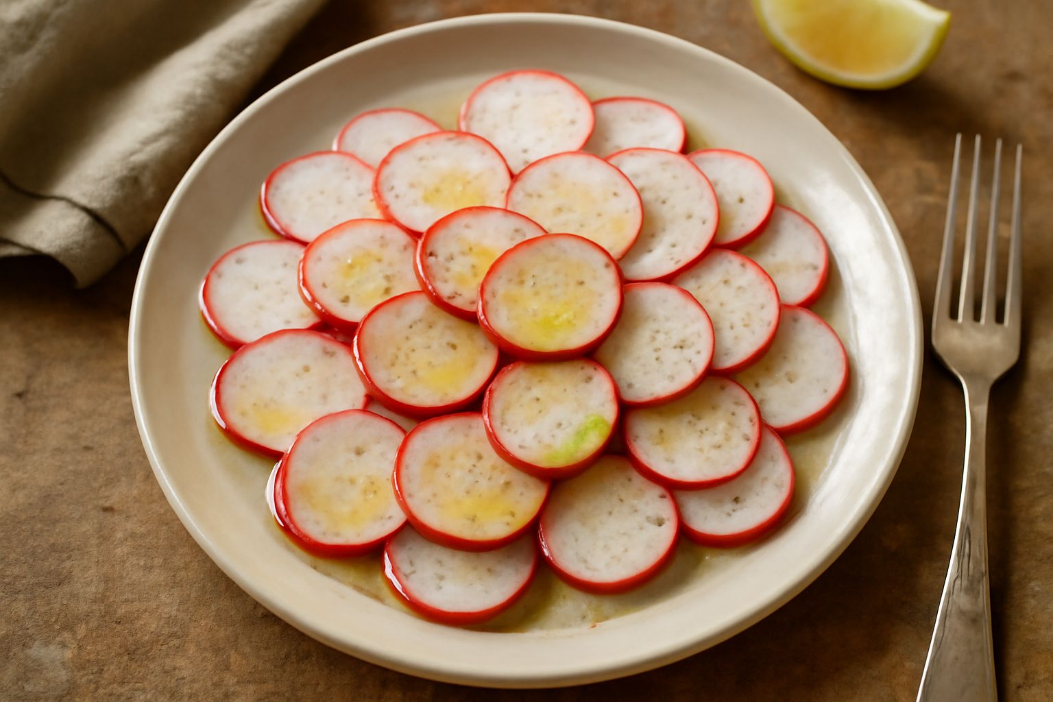 Ravanelli rossi affettati sottilmente disposti su un piatto bianco con gocce d'olio brillante, fiori di sale marino e una spruzzata di succo di limone fresco, con foglie verdi di ravanello ai lati
