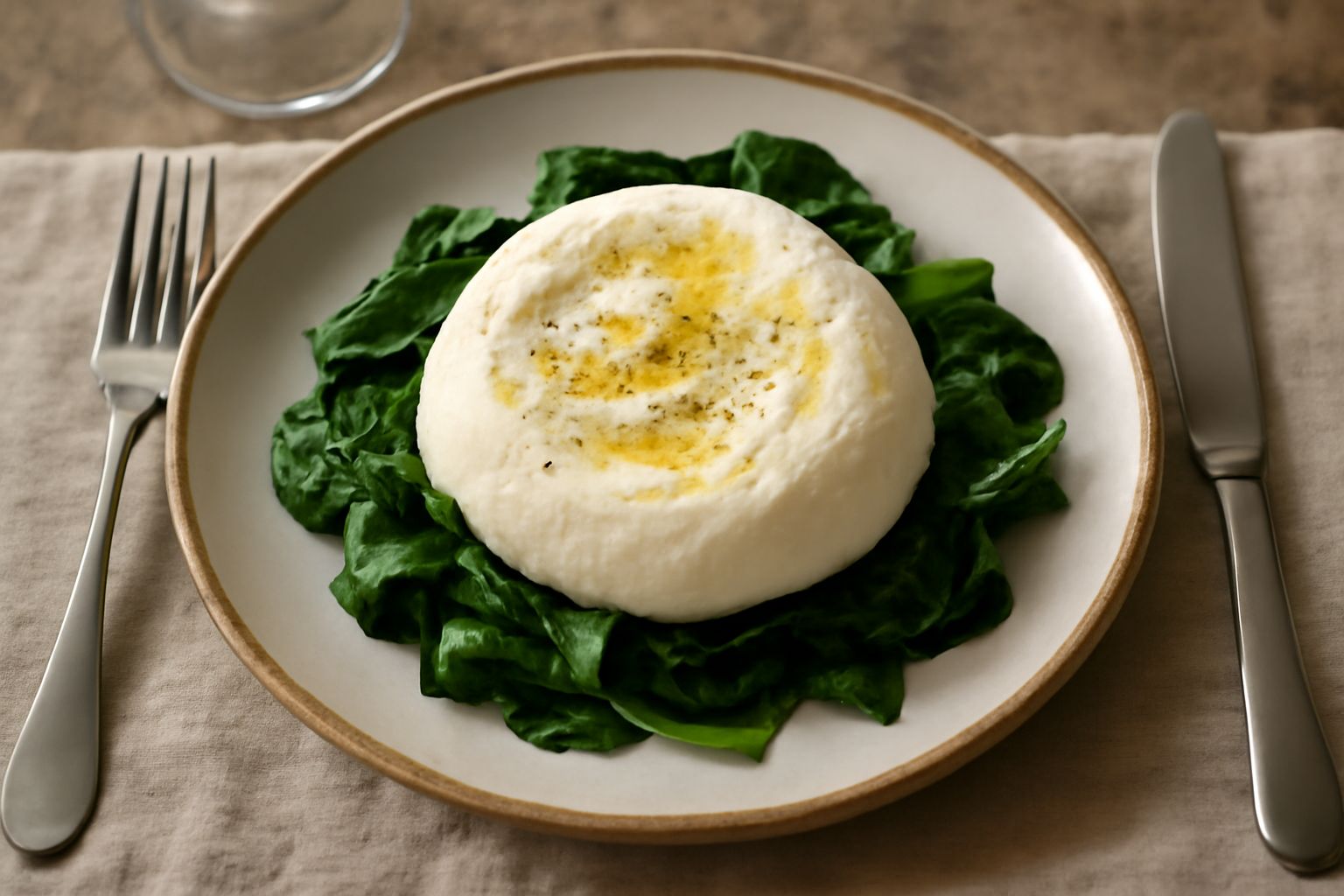 Raviggiolo bianco cremoso in una ciotola di terracotta, con accanto un cucchiaio di legno e foglie di menta fresca su un tavolo di legno naturale
