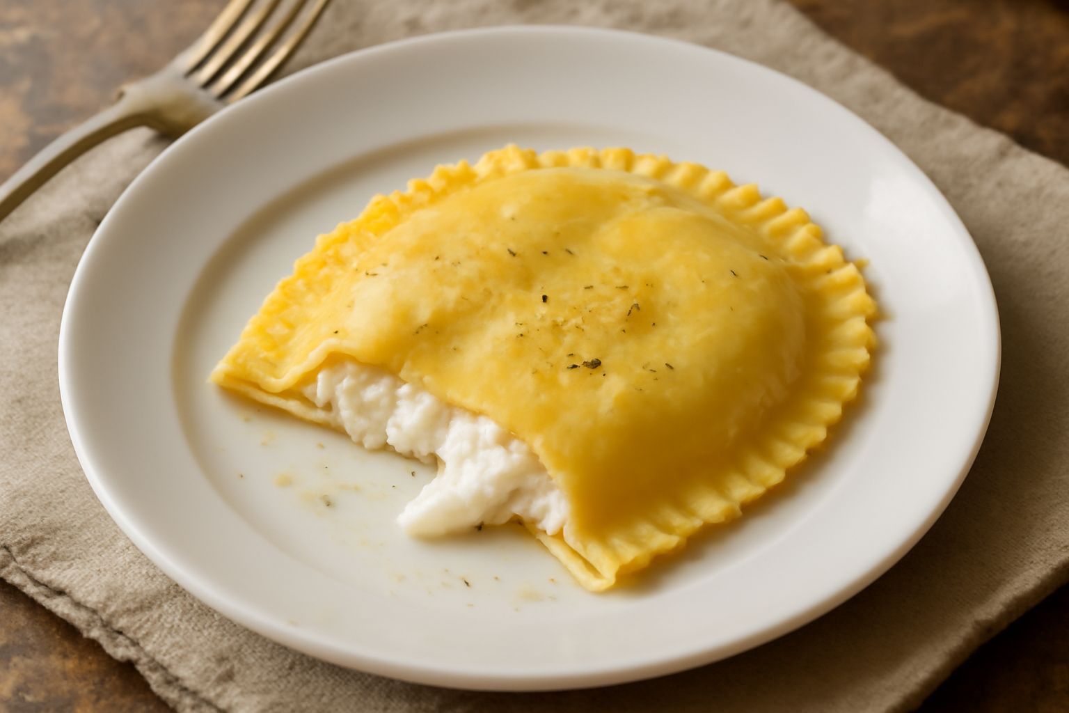 Tre raviole ripiene di ricotta su un piatto bianco, sfoglia trasparente e dorata, con ricotta cremosa che spunta leggermente dai bordi sigillati, cosparte di parmigiano grattugiato