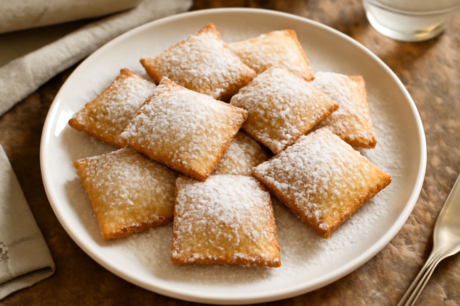 Raviole dolci dorate e quadrate ricoperte di zucchero a velo, disposte su un piatto bianco con una spolverata di cannella, sfondo di cucina luminoso