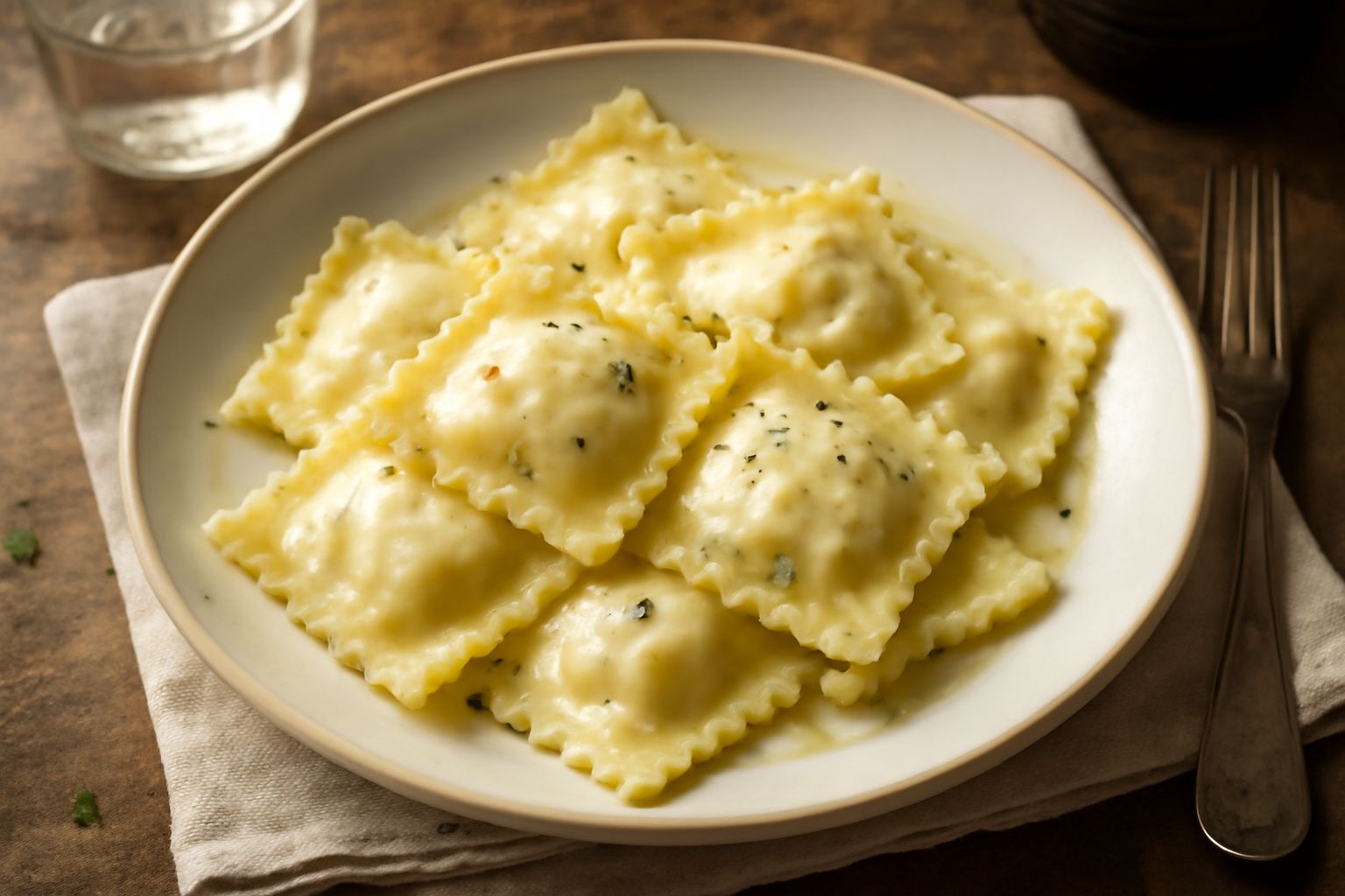 Ravioli quadrati pieni di ripieno cremoso beige-bianco su un piatto bianco, cosparsi di parmigiano grattugiato e foglie di salvia fresca, con burro fuso ancora caldo