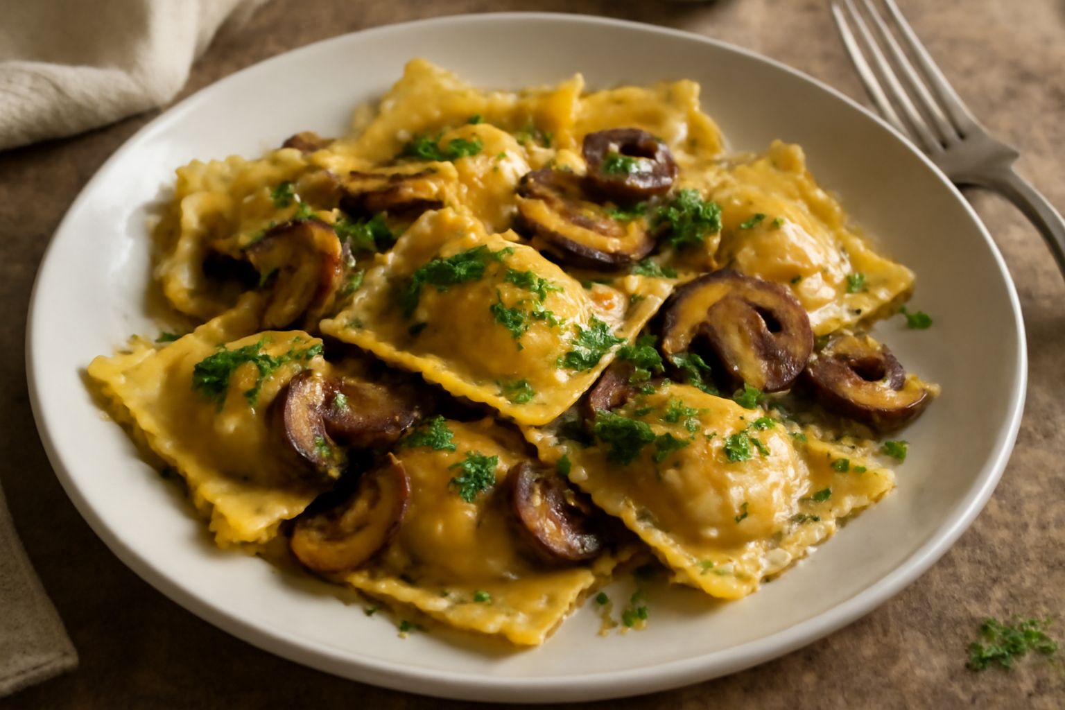 Piatto di ravioli ai funghi: pasta dorata quadrata con ripieno visibile, guarniti con prezzemolo fresco e una noce di burro dorato, su fondo di piatto bianco