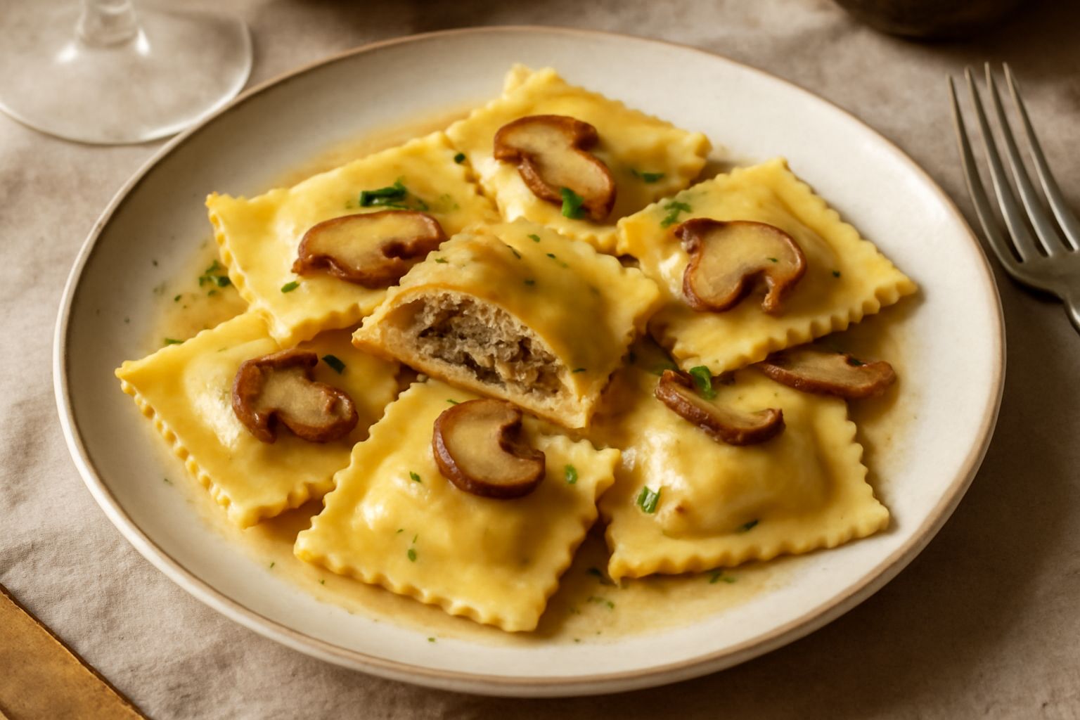 Piatto con ravioli quadrati di pasta all'uovo dorata, riempiti visibilmente di funghi scuri e ricotta, conditi con burro fuso e salvia verde, coperti di scaglie di parmigiano bianco, su fondo bianco