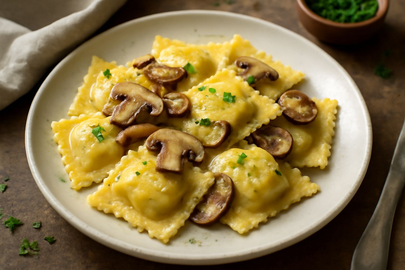 Ravioli quadrati di pasta fresca gialla disposti su un piatto bianco con burro fuso e salvia, bordo dorato, ripieno visibile in un taglio laterale