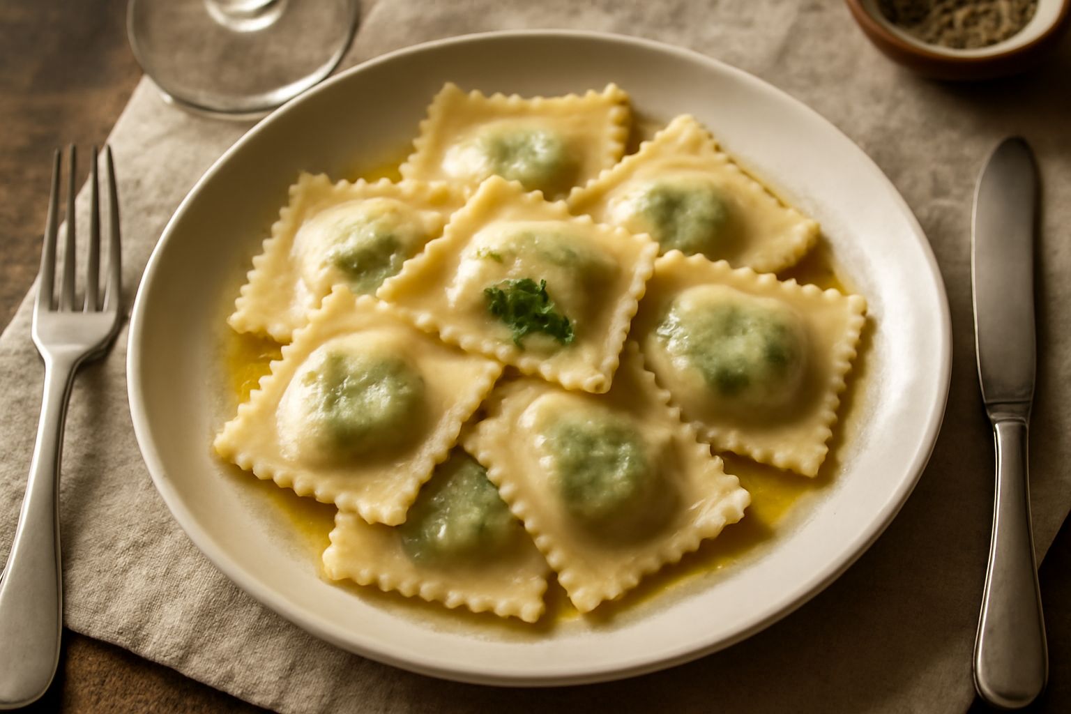 Ravioli quadrati ripieni di piselli su un piatto bianco, conditi con burro fuso e parmigiano grattugiato, con foglie di menta fresca accanto