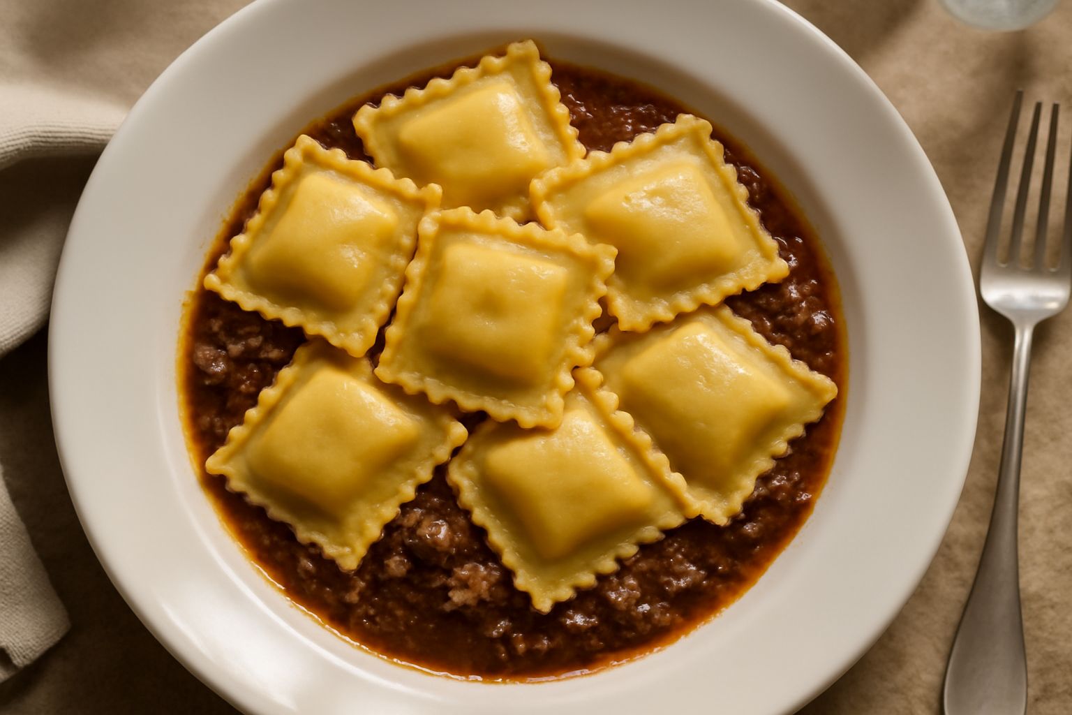Ravioli quadrati in un piatto fondo di ceramica bianca, ricoperti di ragù denso e scuro, spolverati di parmigiano grattugiato bianco, contorno di ragù concentrato e sfumature marroni sulla sfoglia