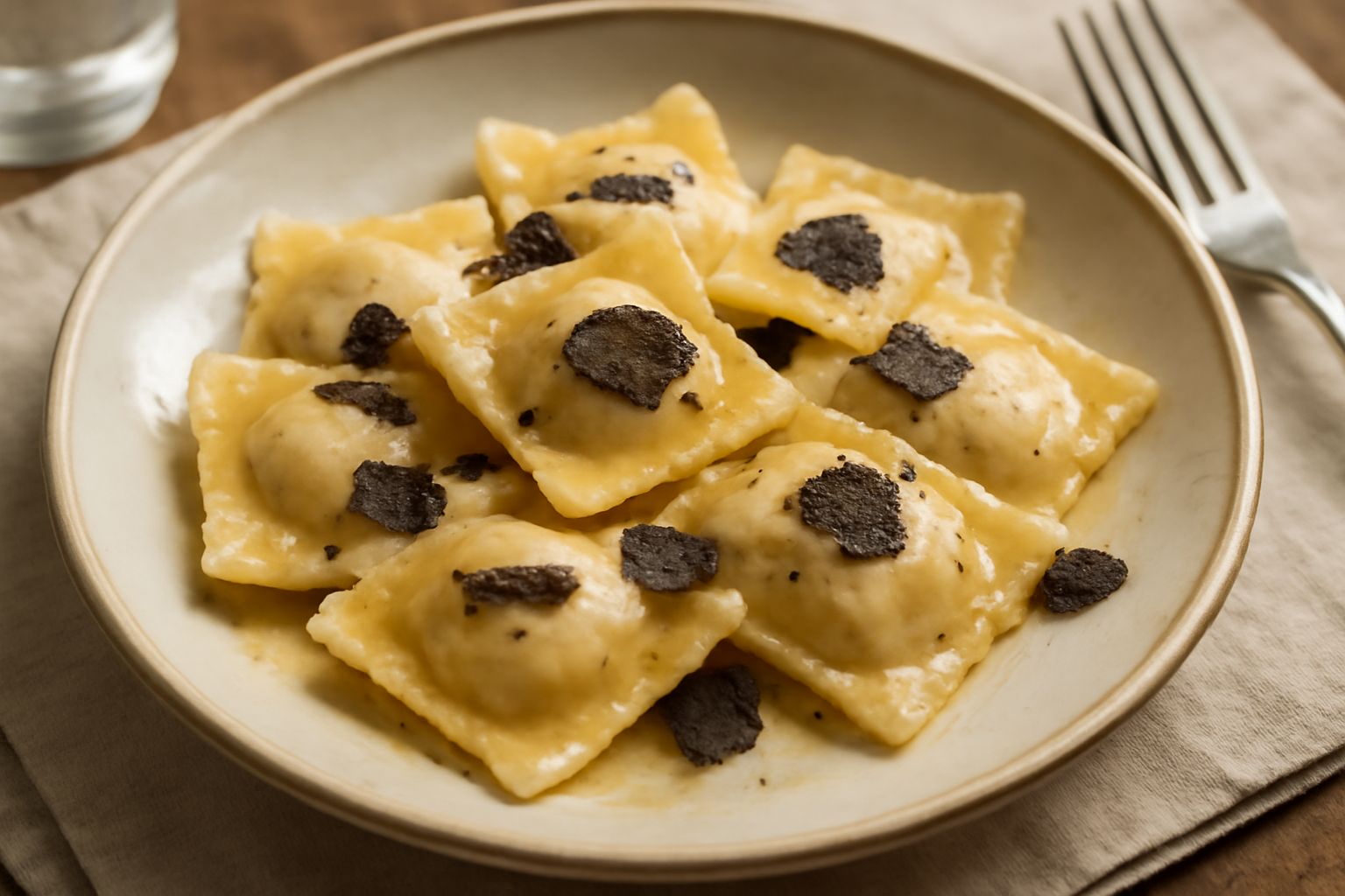 Ravioli quadrati al tartufo disposti nel piatto bianco, coperti di mantecatura cremosa, con scaglie di tartufo nero visibili in superficie e prezzemolo fresco sui bordi