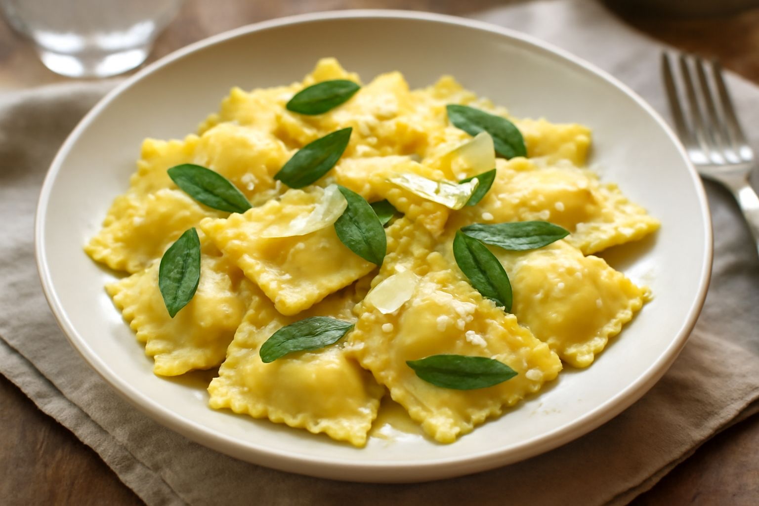 Ravioli quadrati giallo pallido ripieni su piatto bianco, conditi con burro fuso e salvia verde, con scaglie di tartufo nero sparse in superficie e formaggio grattugiato
