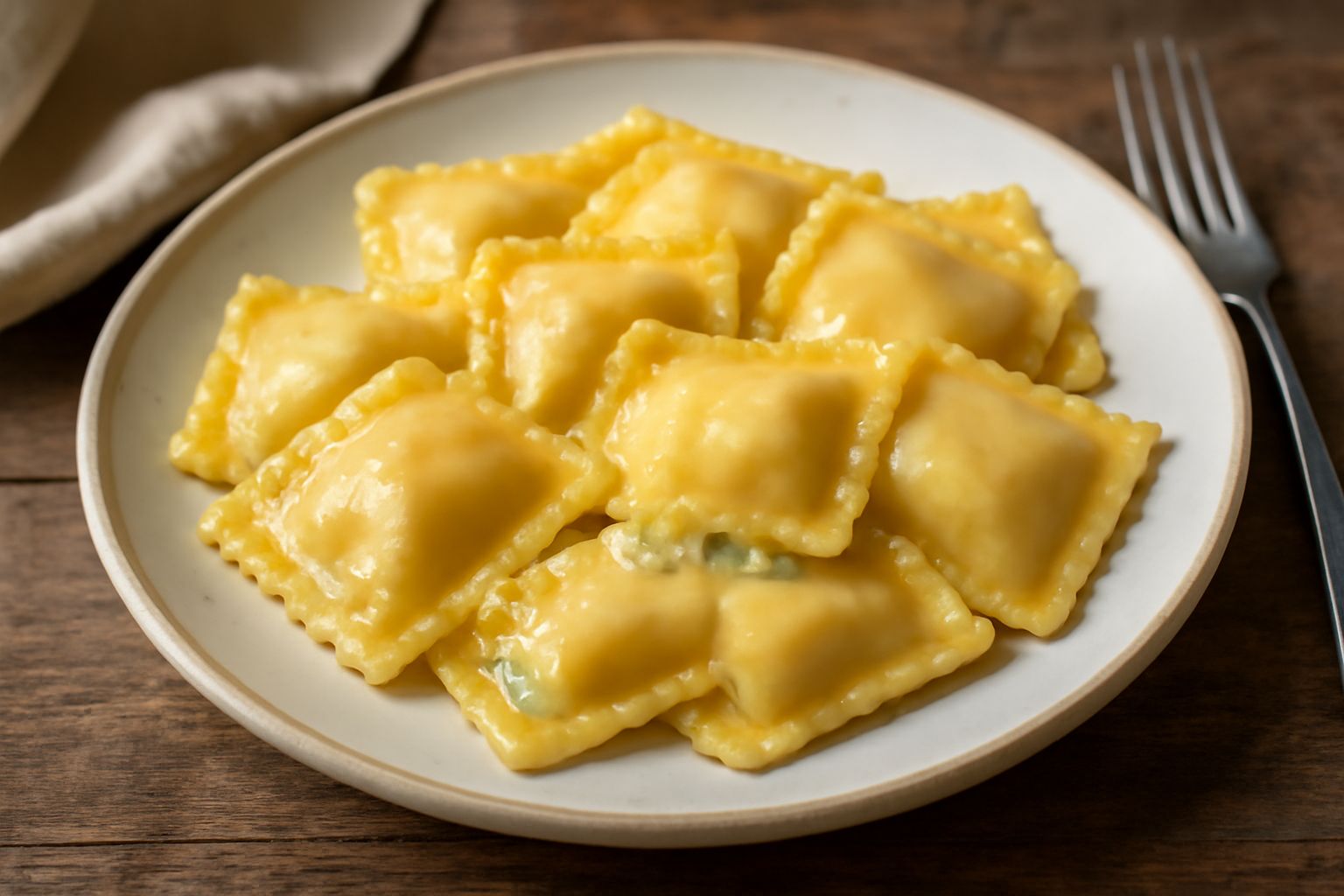 Ravioli quadrati di pasta gialla serviti in piatto bianco con burro fuso che cola e foglie di salvia verde scuro, fondo rustico di legno