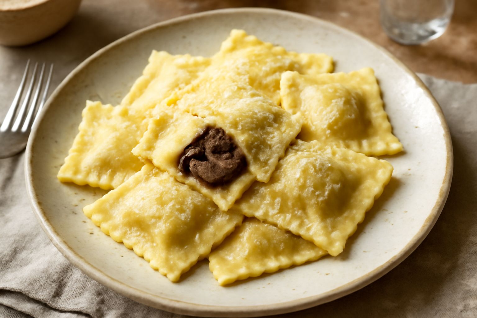 Ravioli quadrati ripieni di melanzana in piatto bianco, ricoperti da sugo di pomodoro rosso, parmigiano grattugiato e foglie di basilico fresco, contornati da melanzane viola scure tagliate a fette