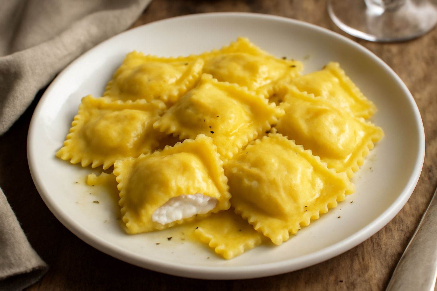 Ravioli ca' ricotta serviti in bianco su un piatto fondo di porcellana bianca, spolverati di parmigiano grattugiato e prezzemolo fresco, con burro fuso e salvia sul fondo